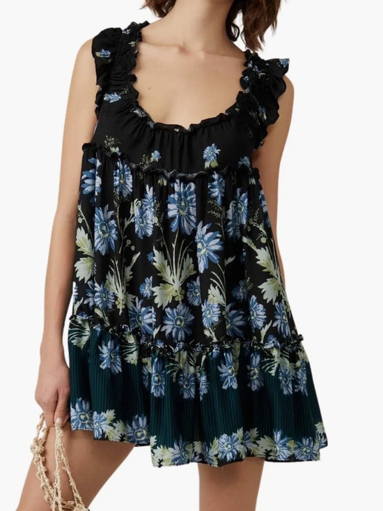 Free People Dresses & Skirts - Free People Black and Blue Floral Mini Dress with Ruffles